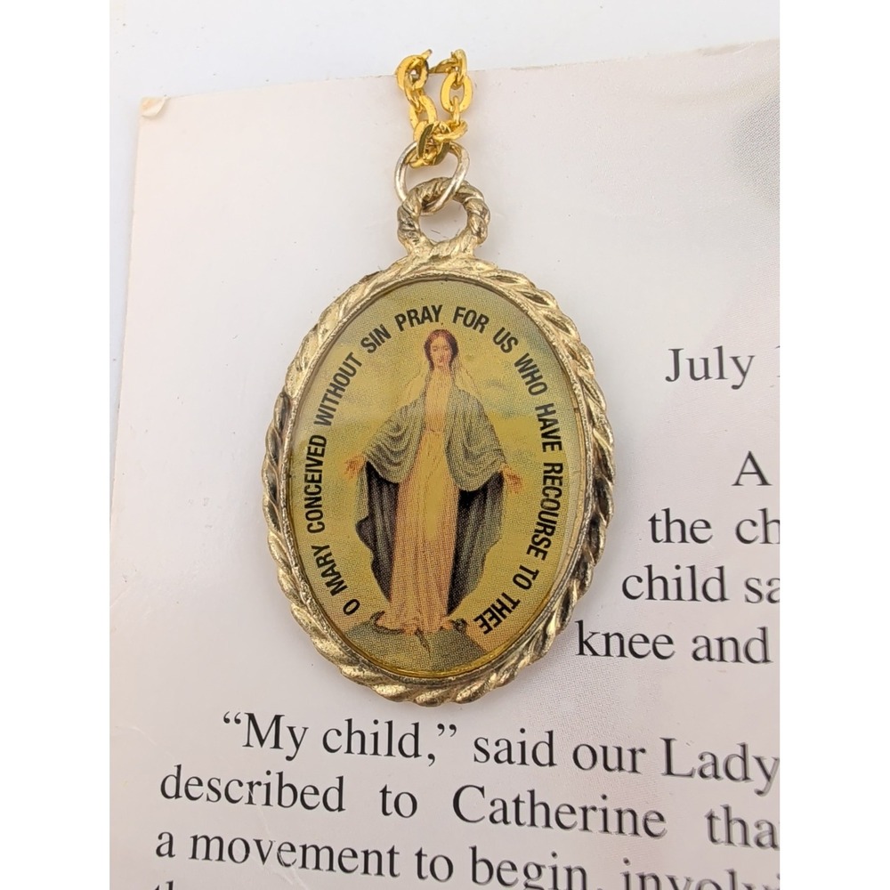 MIraculous Medal Pendant Necklace & Information Card- Gold Tone